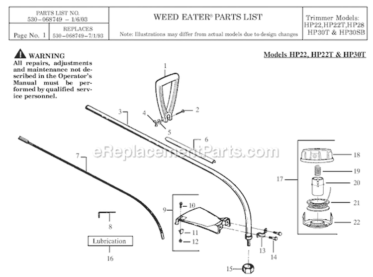 Page C Diagram and Parts List for HP22  Weed Eater Trimmer